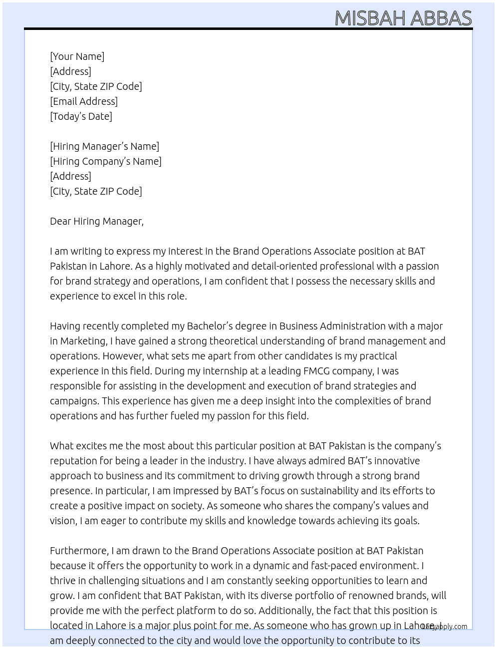 Brand Operations Associate  At BAT Pakistan Cover Letter