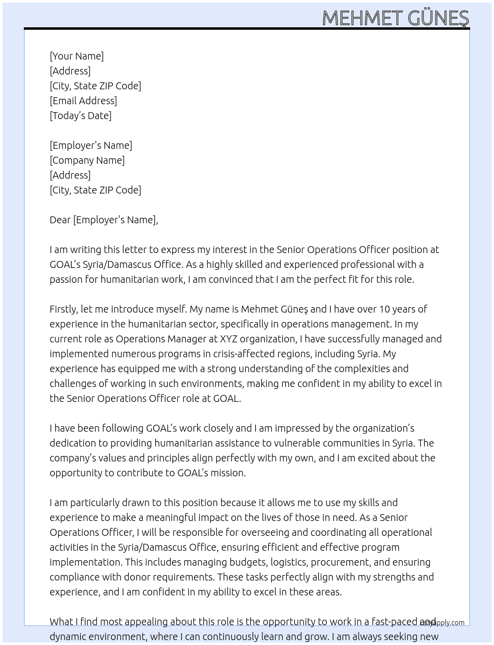Senior Operations Officer - Syria/Damascus Office. At GOAL Cover Letter