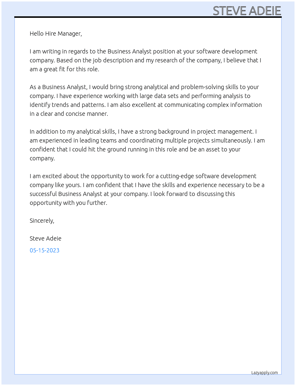 Business Analyst At Software Development company Cover Letter