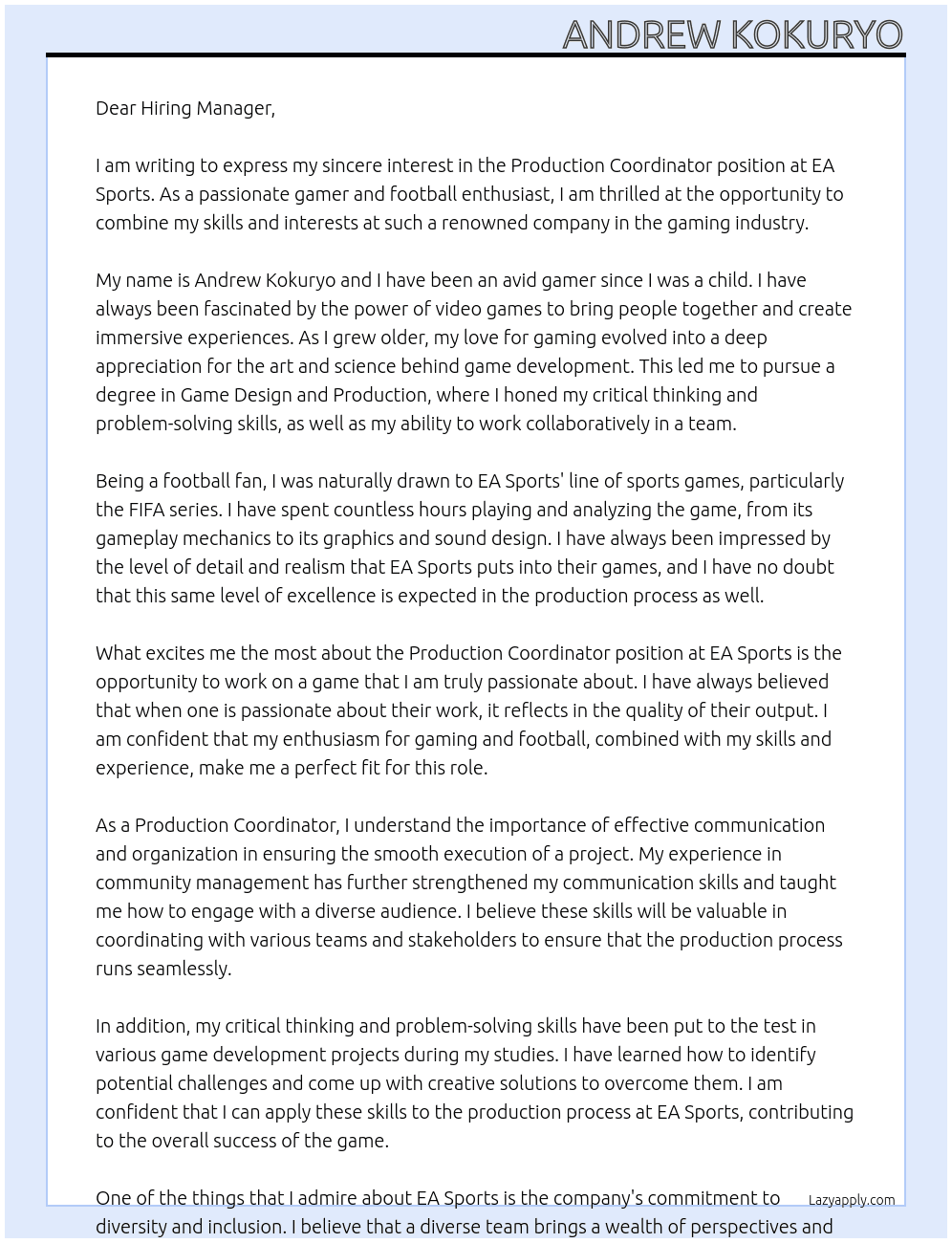 Production Coordinator  At EA Sports Cover Letter