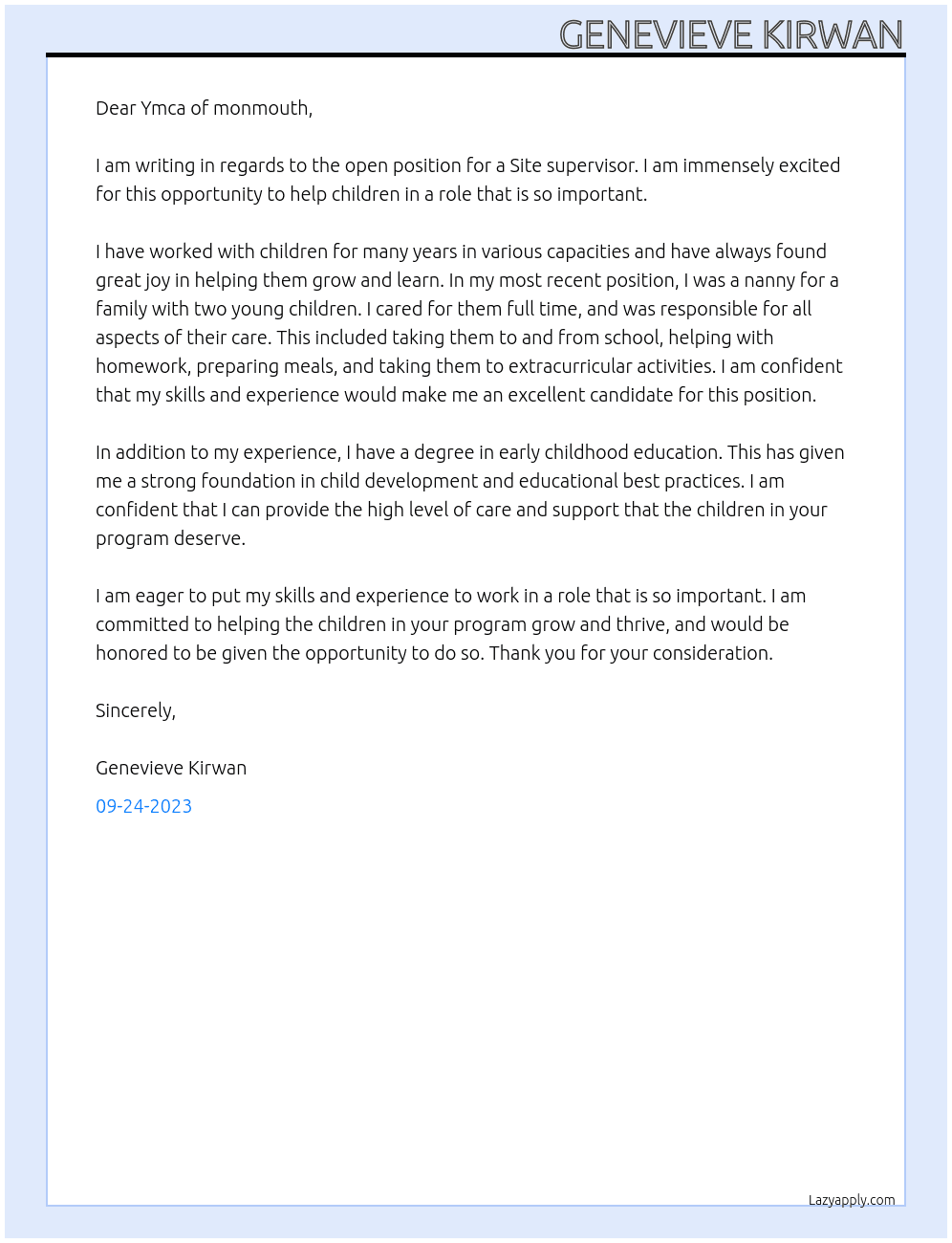Site supervisor  At Site supervisor ymca Cover Letter