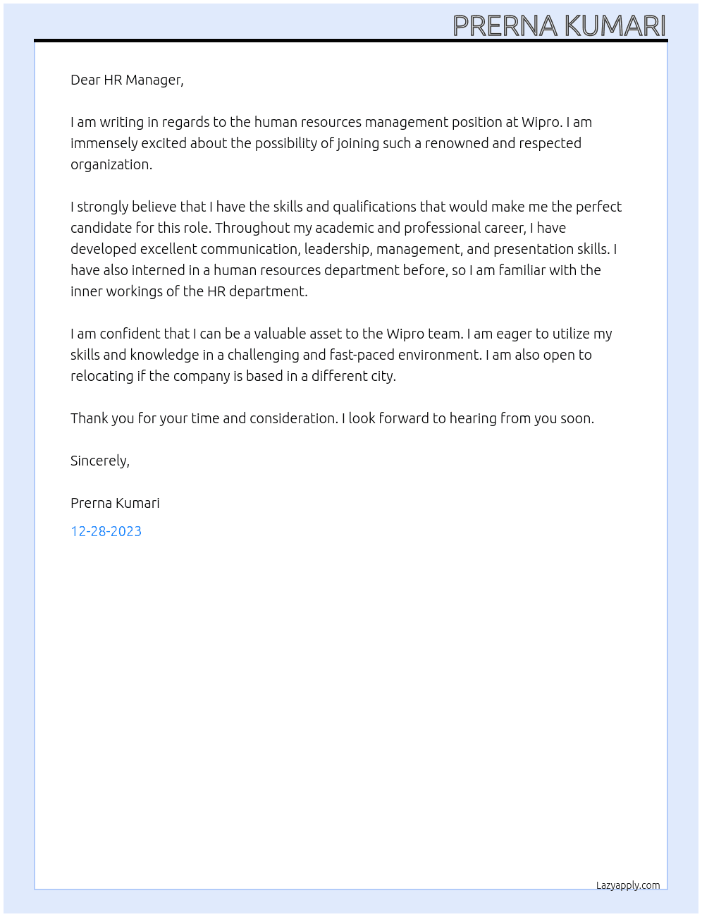 Human resources management  At Wipro  Cover Letter