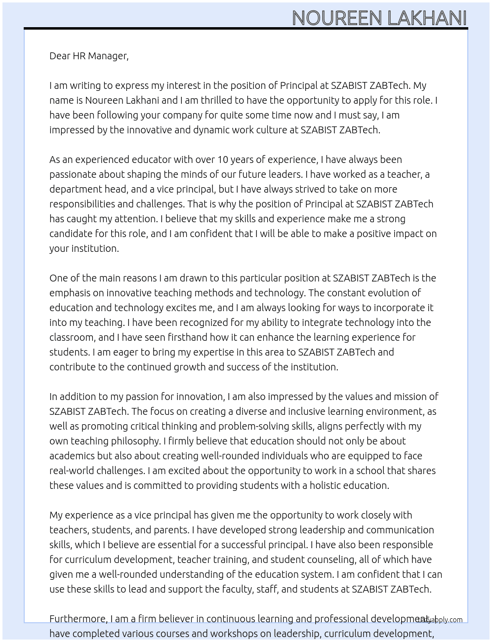 Principal At SZABIST ZABTech Cover Letter