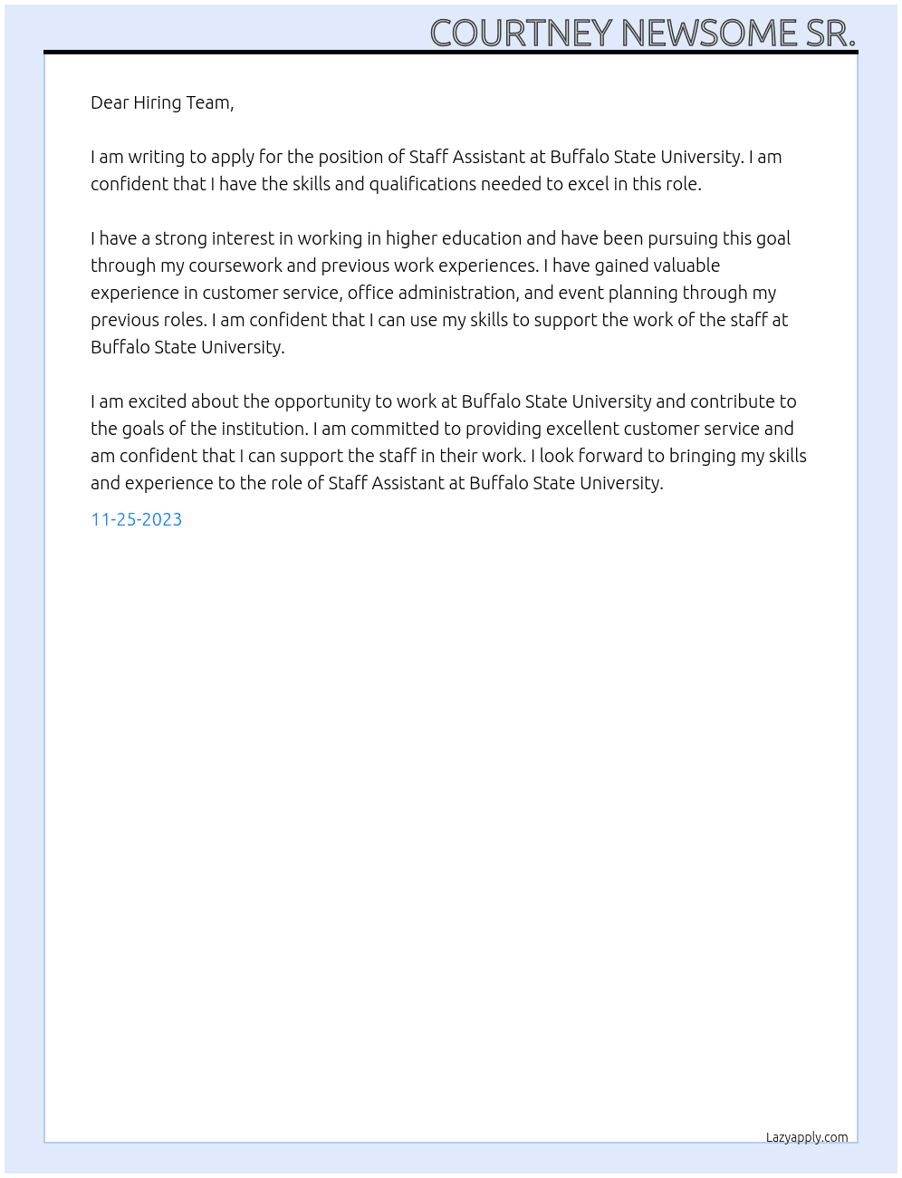 Staff Assistant At Buffalo State University Cover Letter