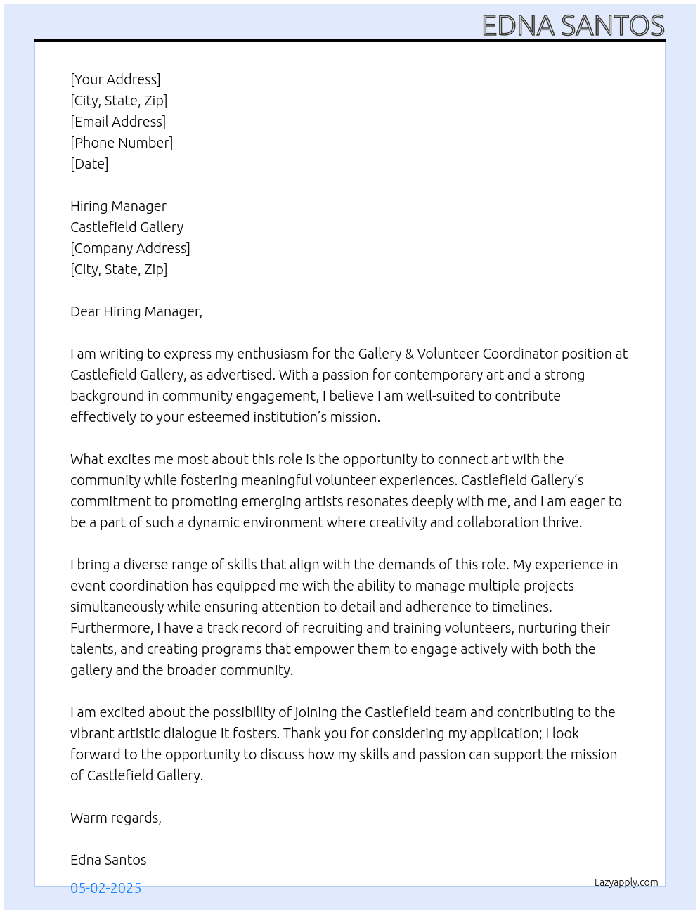 Gallery & Volunteer Coordinator At Castlefield Gallery Cover Letter