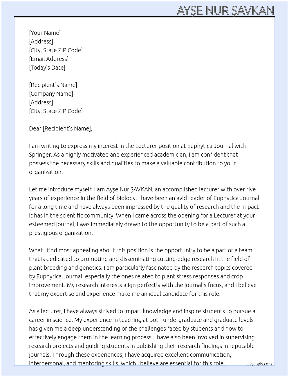 Lecturer At Springer Cover Letter