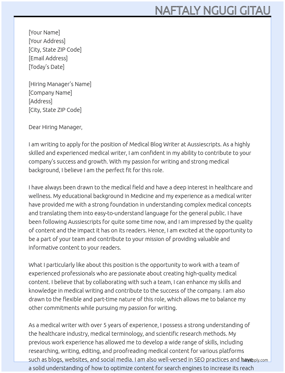 Medical blog writer At Aussiescripts Cover Letter