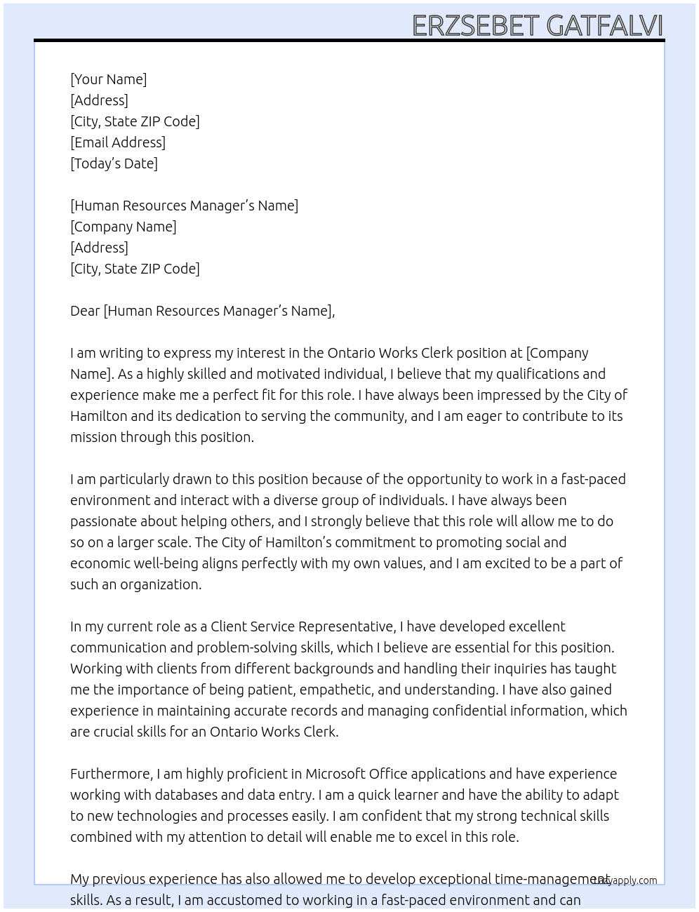 Ontario Works Clerk At City of Hamilton Cover Letter