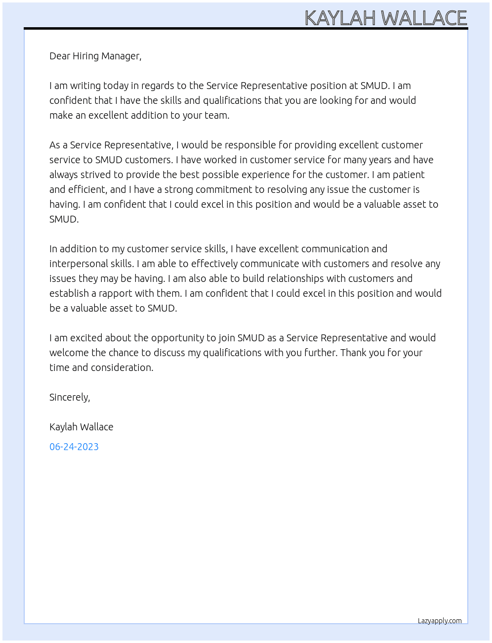 Service representative  At SMUD  Cover Letter