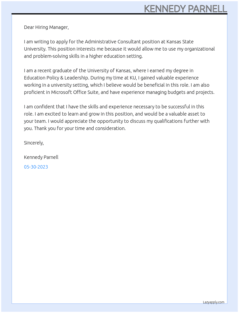 Administrative Consultant At Kansas State University  Cover Letter