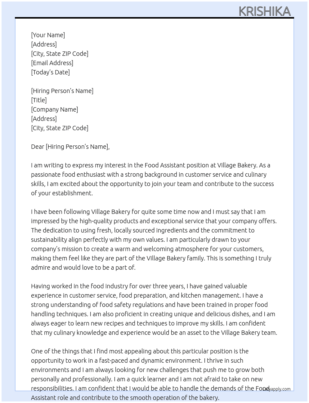 Food assistant  At Village bakery  Cover Letter