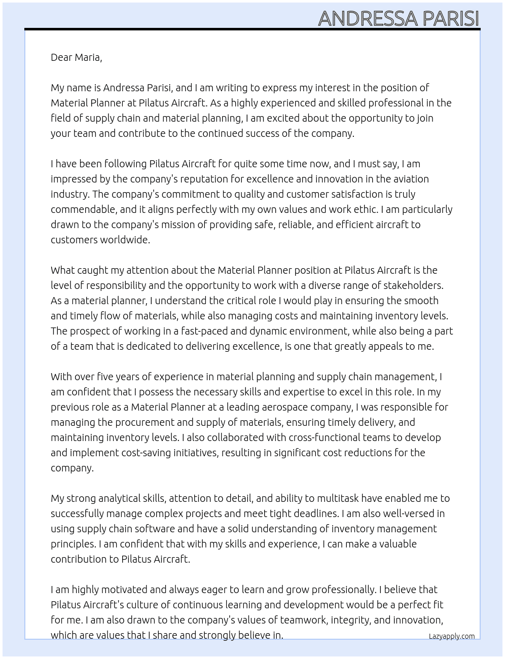 Material Planner At Pilatus Aircraft Cover Letter