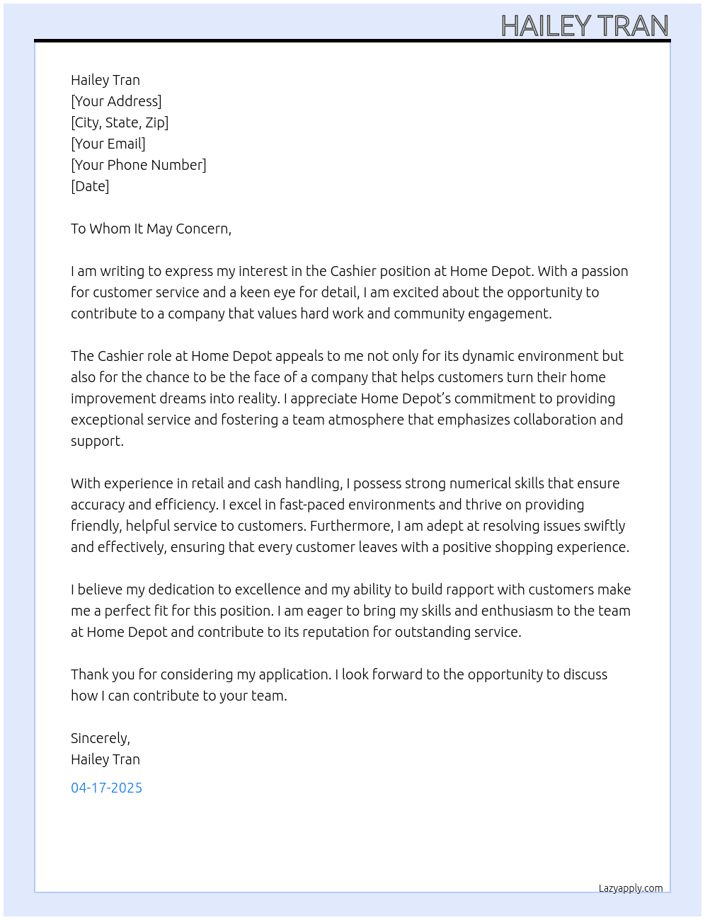 Cashier At Home Depot Cover Letter
