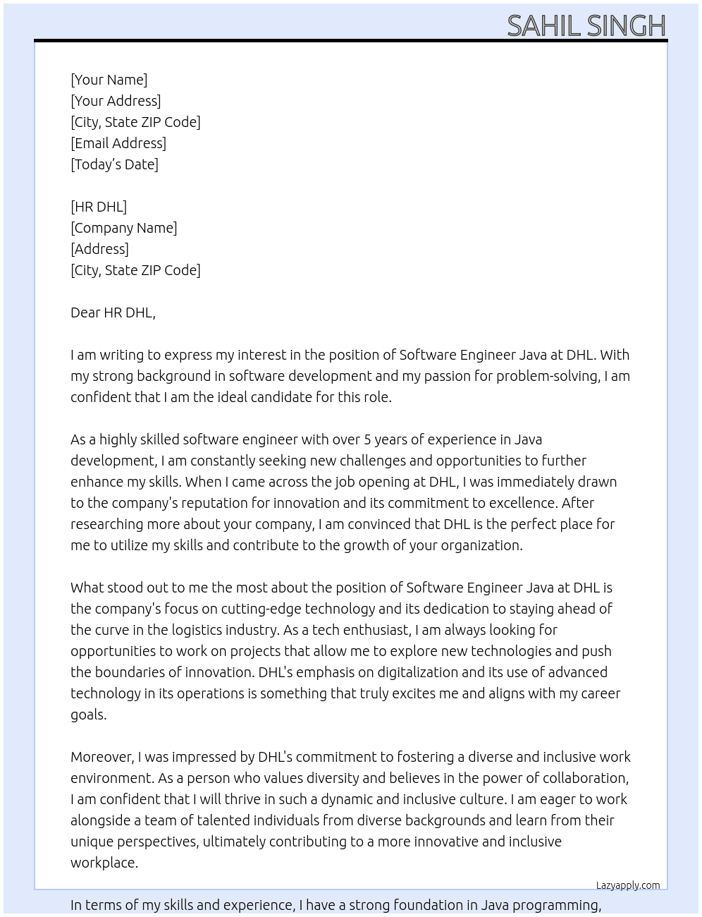 Software engineer java At DHL Cover Letter