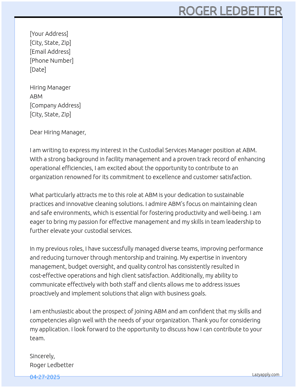 custodial Services Manager At ABM Cover Letter