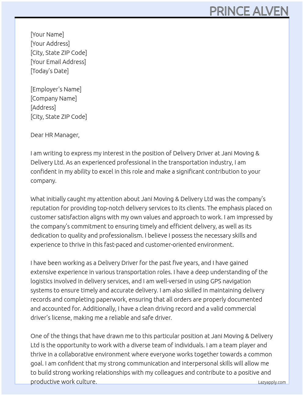 Deliver Driver At Jani Moving & Delivery Ltd Cover Letter