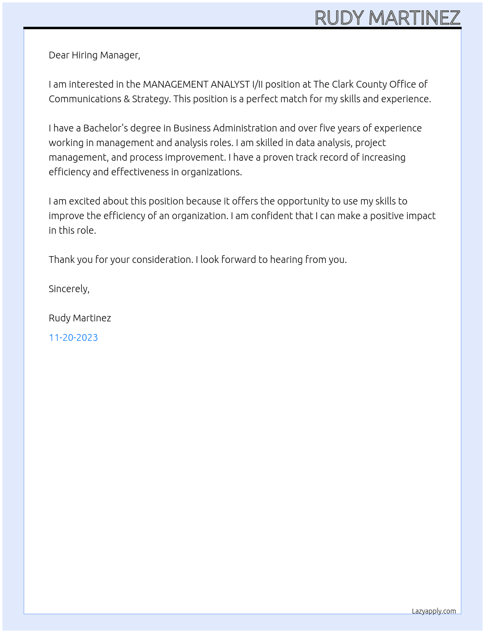 MANAGEMENT ANALYST I/II At The Clark County Office of Communications & Strategy Cover Letter