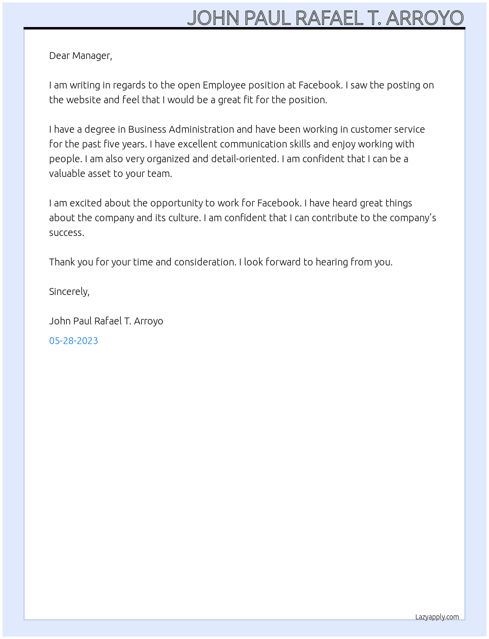 Employee At Facebook  Cover Letter
