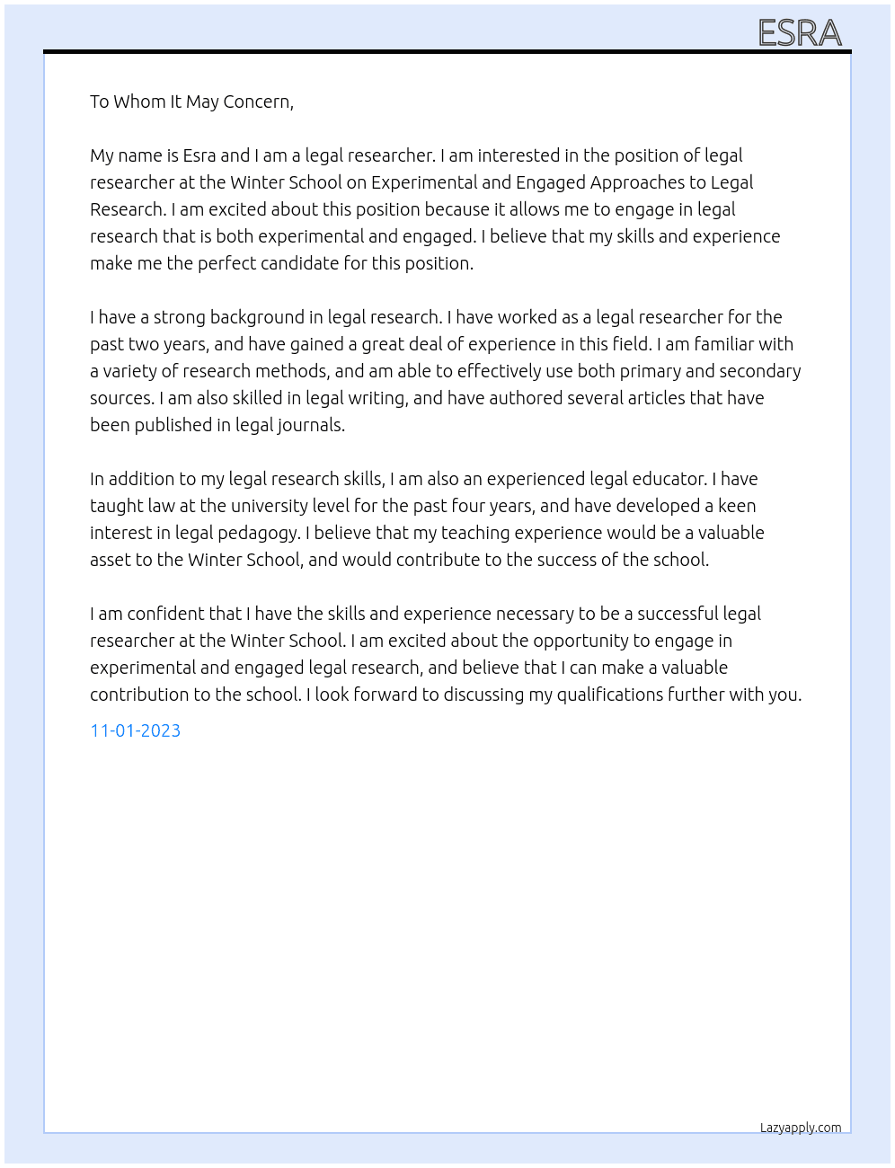 legal researcher At Winter School on Experimental and Engaged Approaches to Legal Research Cover Letter