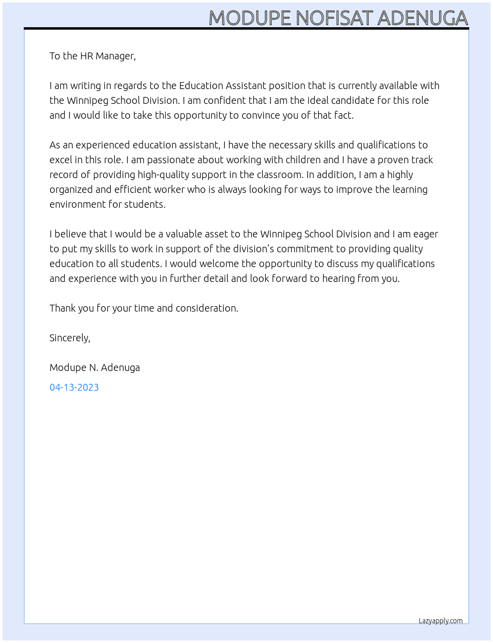 Education Assistant At Winnipeg School Division Cover Letter