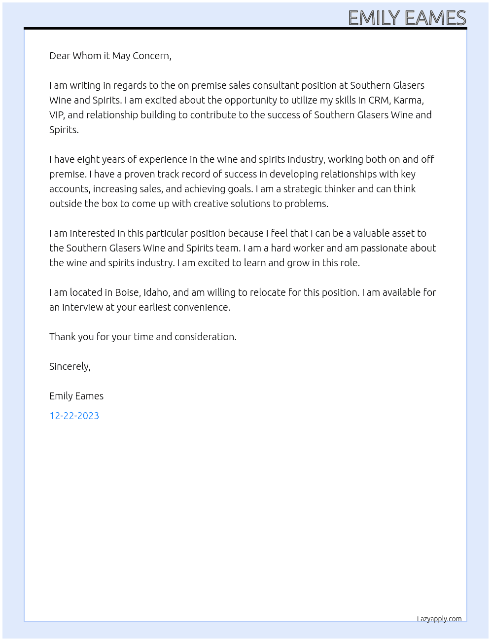 on premise sales consultant  At southern glasers wine and spirita Cover Letter