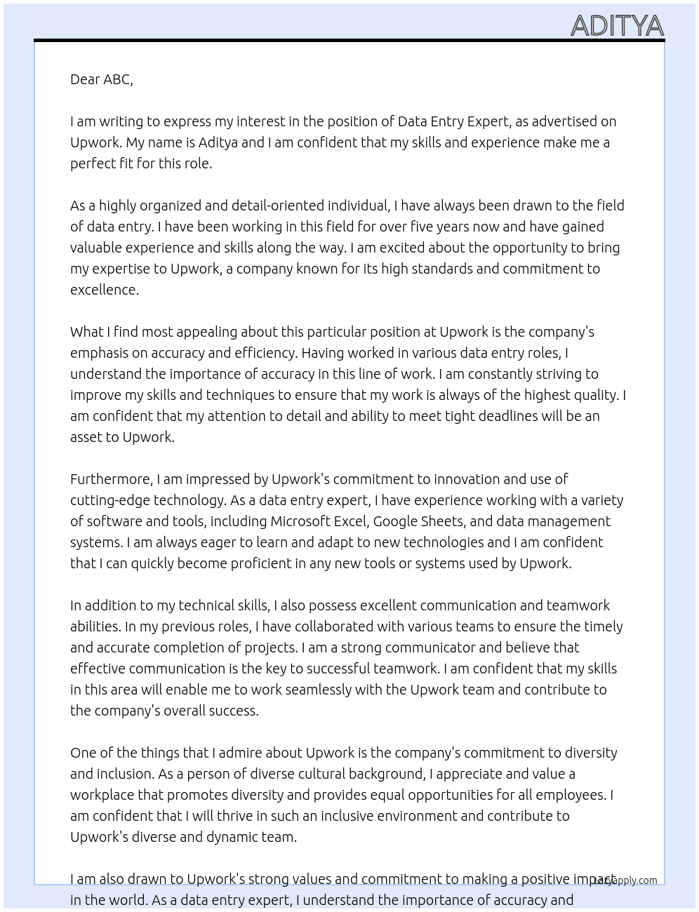 DATA ENTRY EXPERT At UPWORK Cover Letter