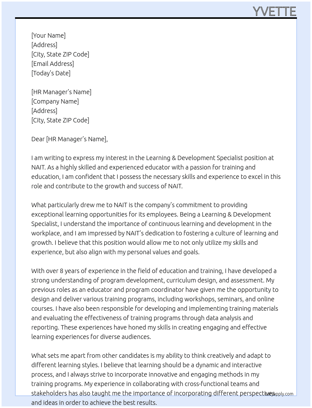 Learning & Development Specialist At NAIT Cover Letter