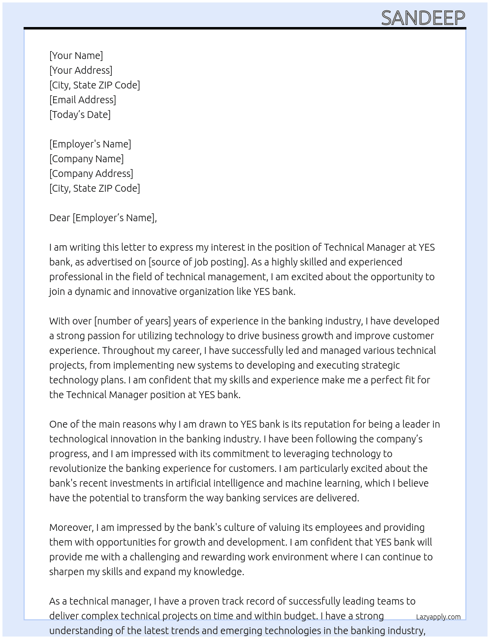 Technical manager At YES bank Cover Letter