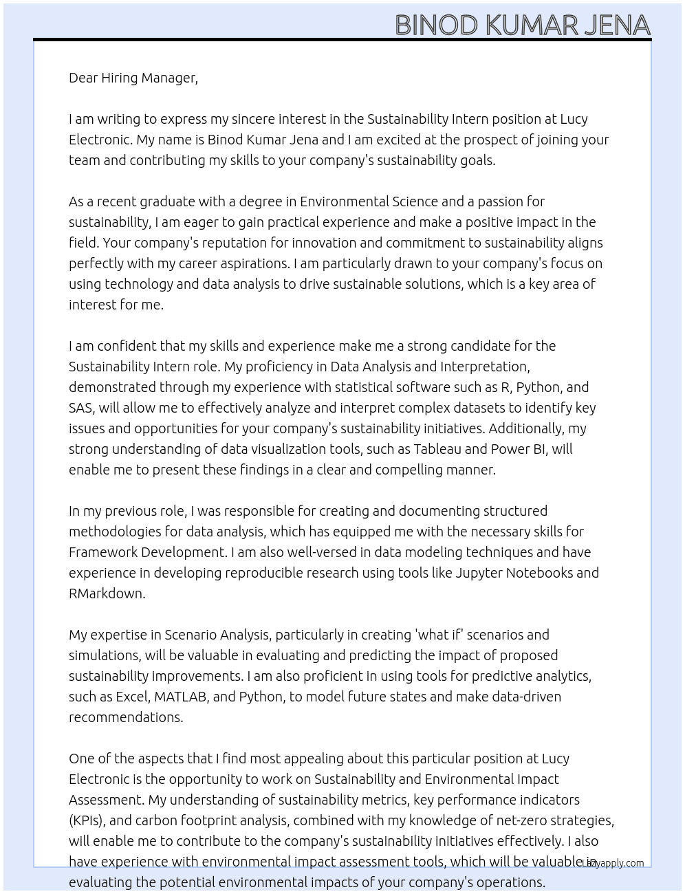 Sustainability Intern At Lucy Electronic Cover Letter