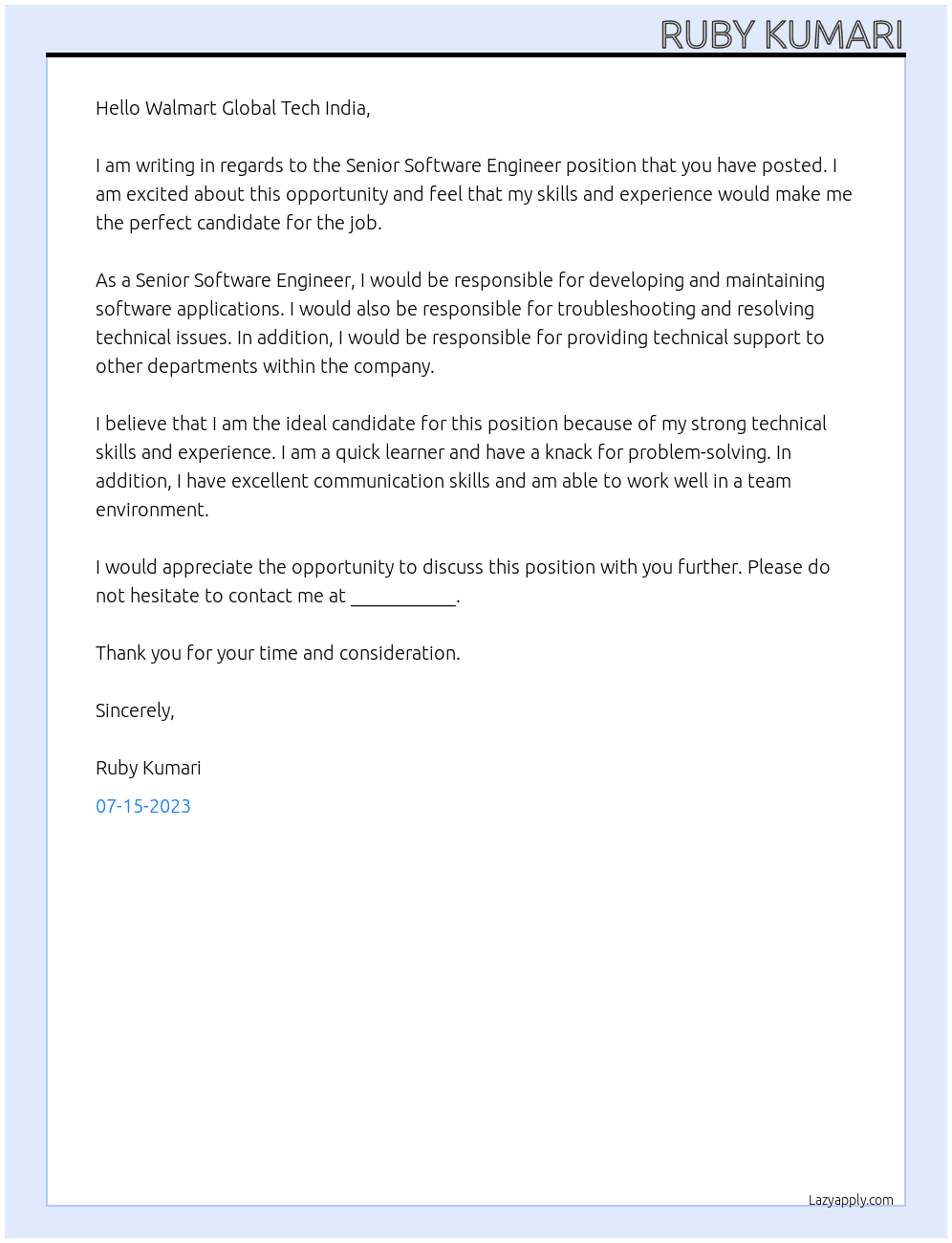 Senior Software Engineer At Walmart Global Tech India Cover Letter