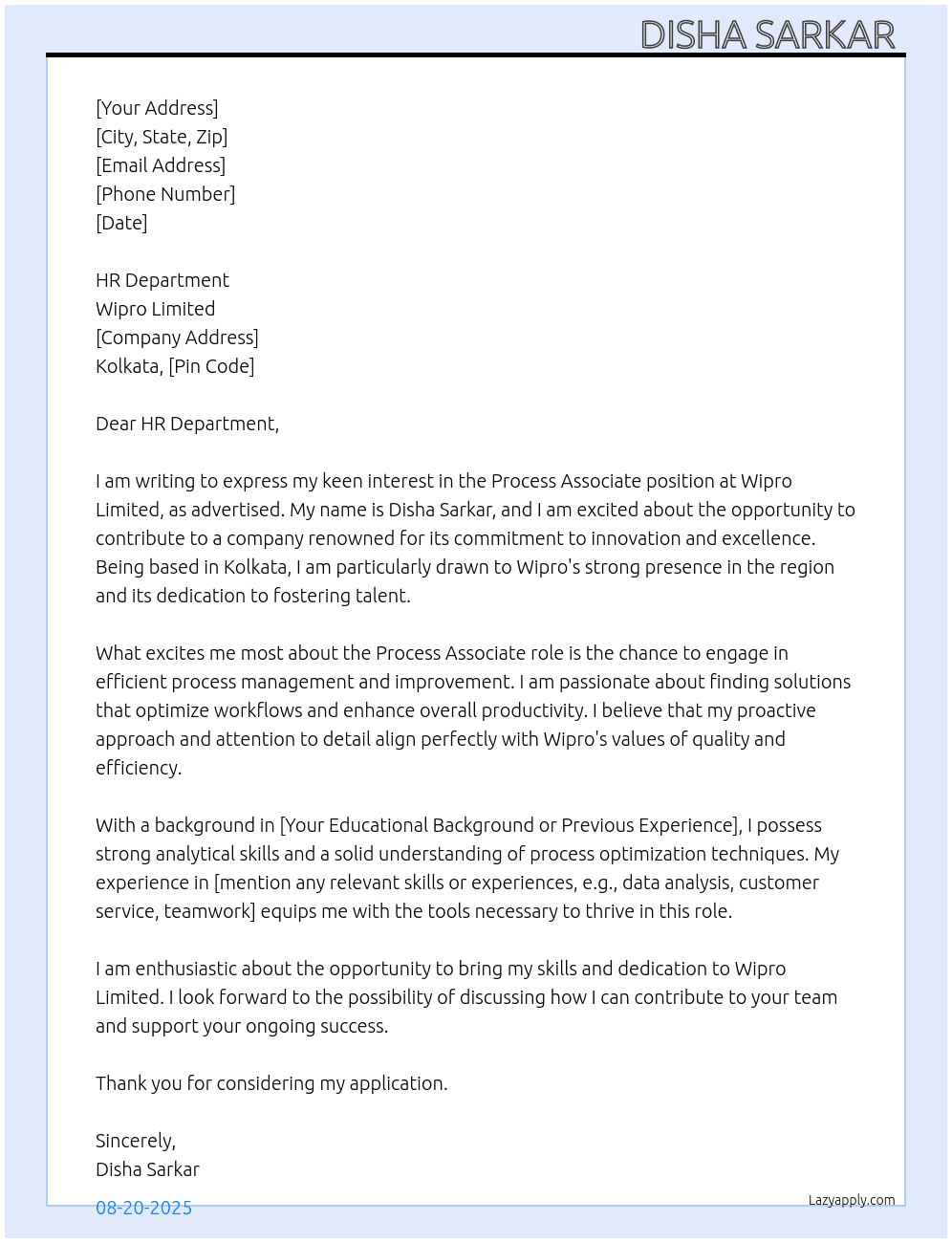 Process Associate  At Wipro Limited  Cover Letter