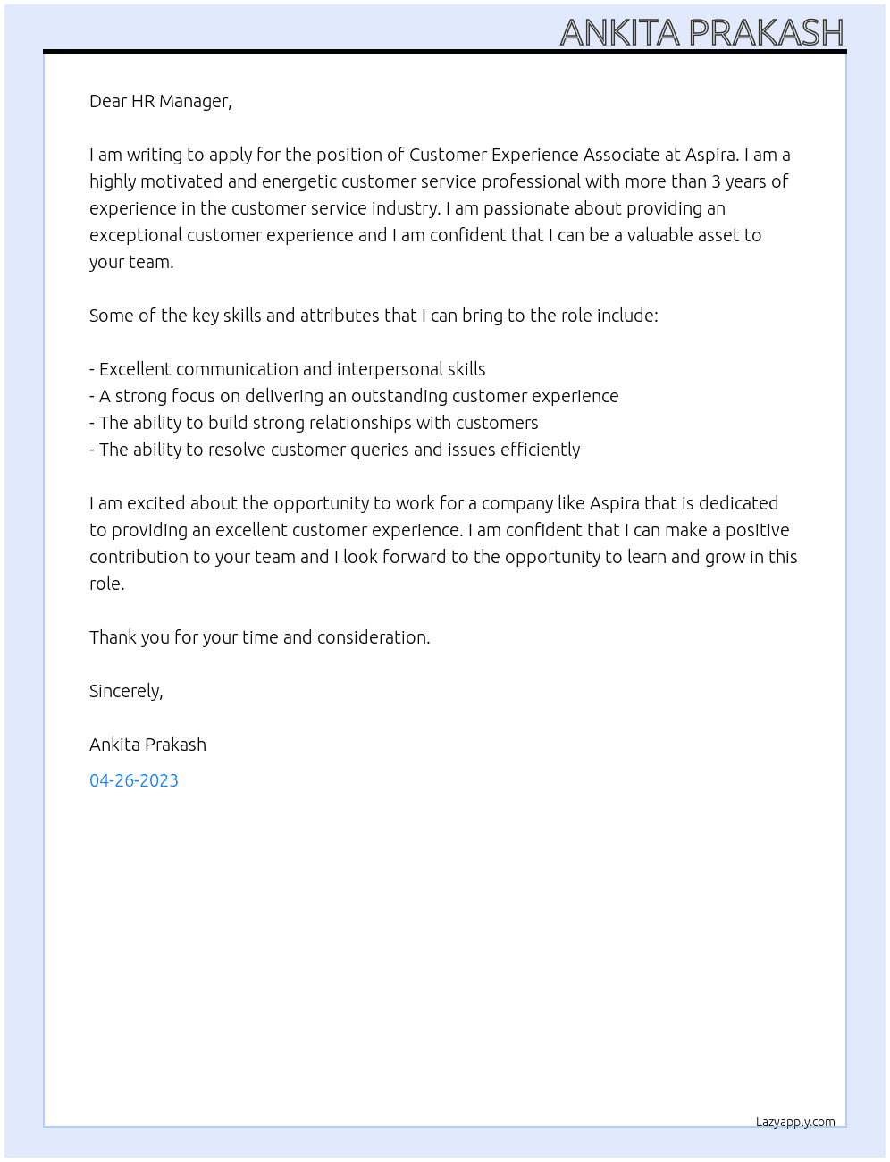 Customer Experience Associate At Aspira Cover Letter