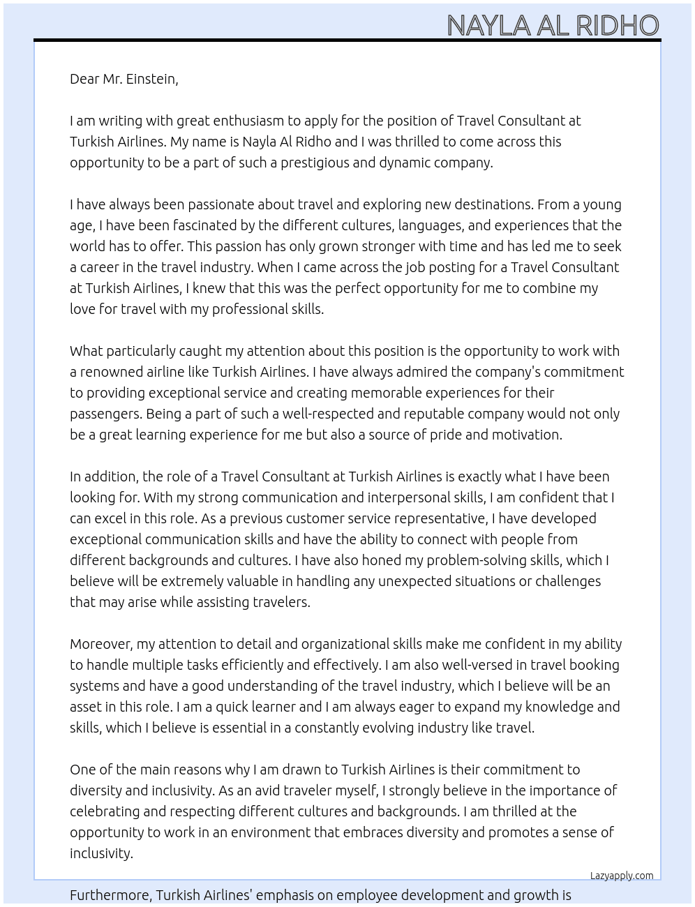 Travel Consultant At TURKISH AIRLINES Cover Letter