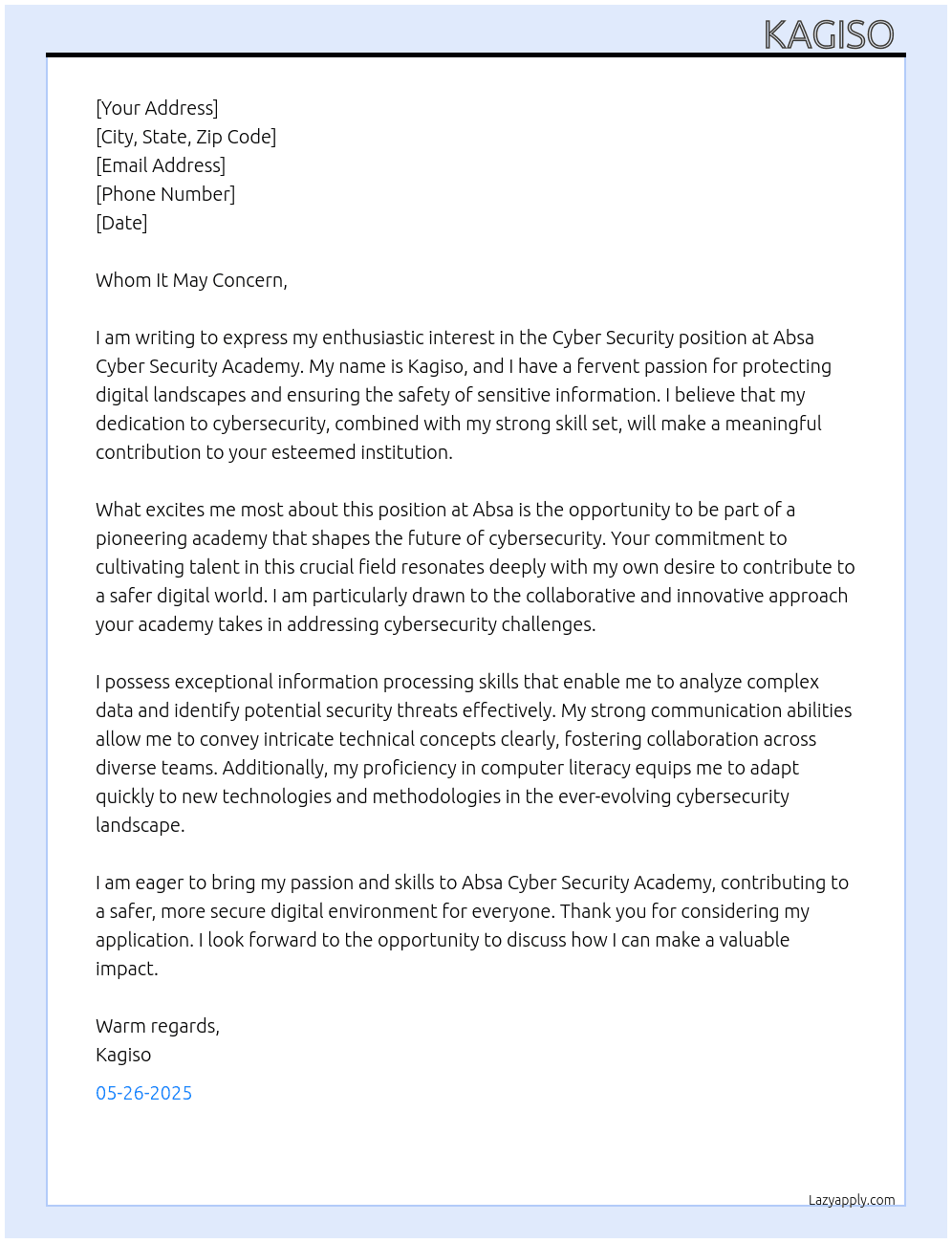 Cyber security At Absa Cyber Security Academy Cover Letter