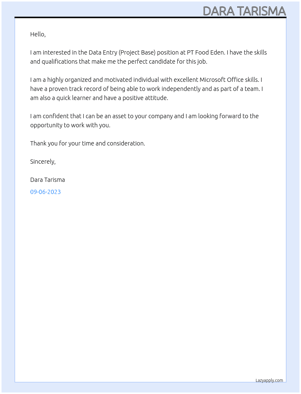 Data Entry (Project Base) At PT. Eden Pangan Cover Letter