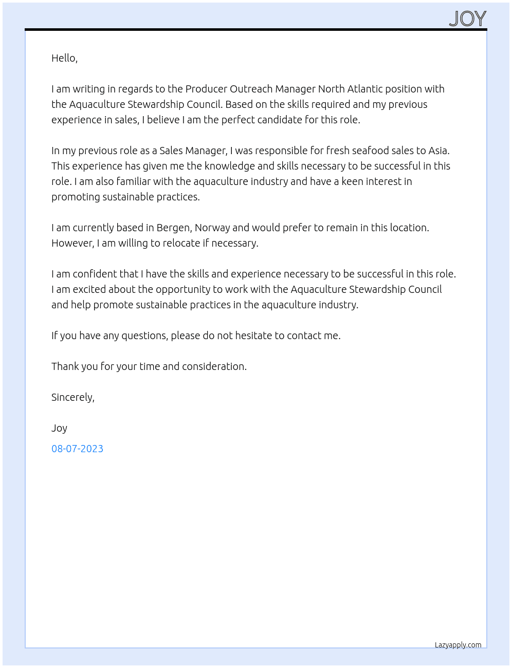 Producer Outreach Manager North Atlantic At Aquaculture Stewardship Council Cover Letter