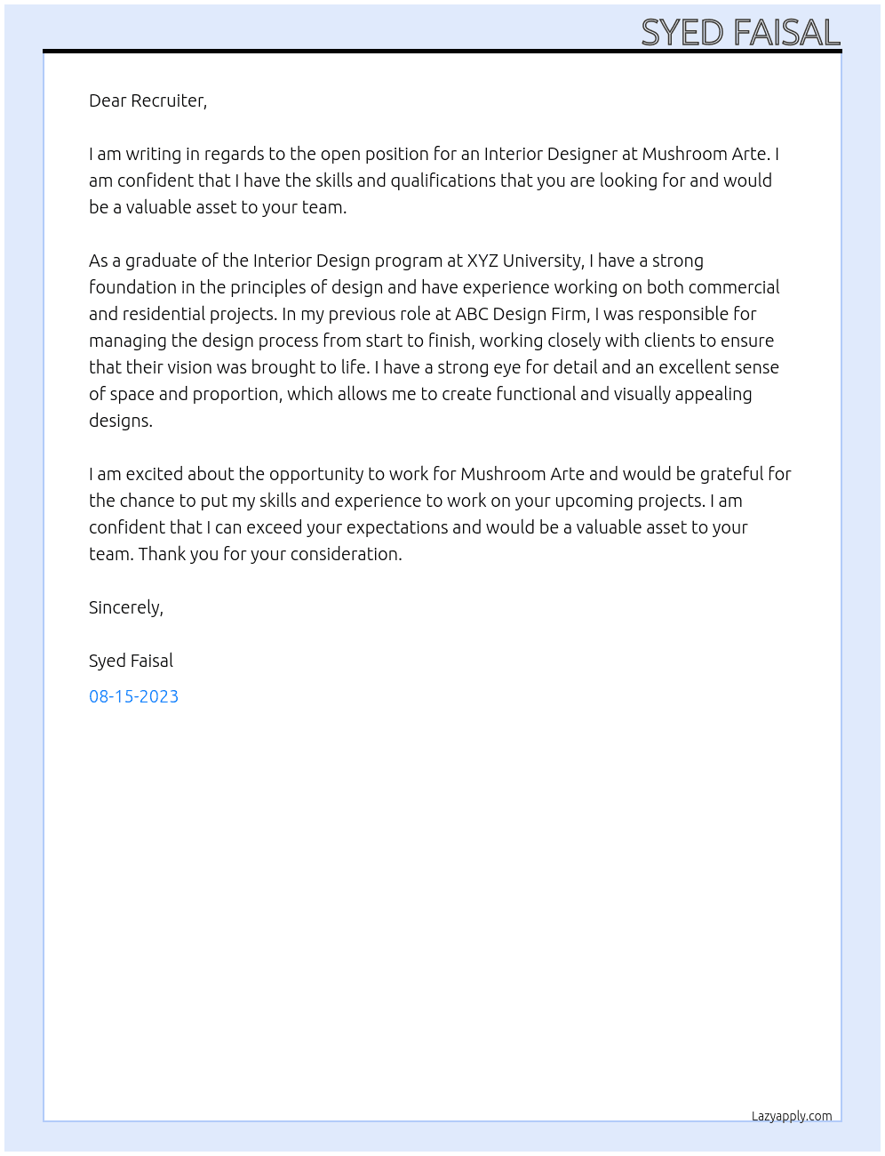 Interior design  At Mushroom Arte Cover Letter