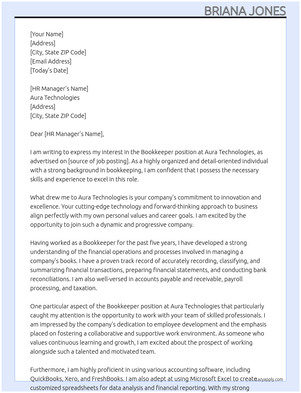 Bookkeeper At Aura Technologies Cover Letter