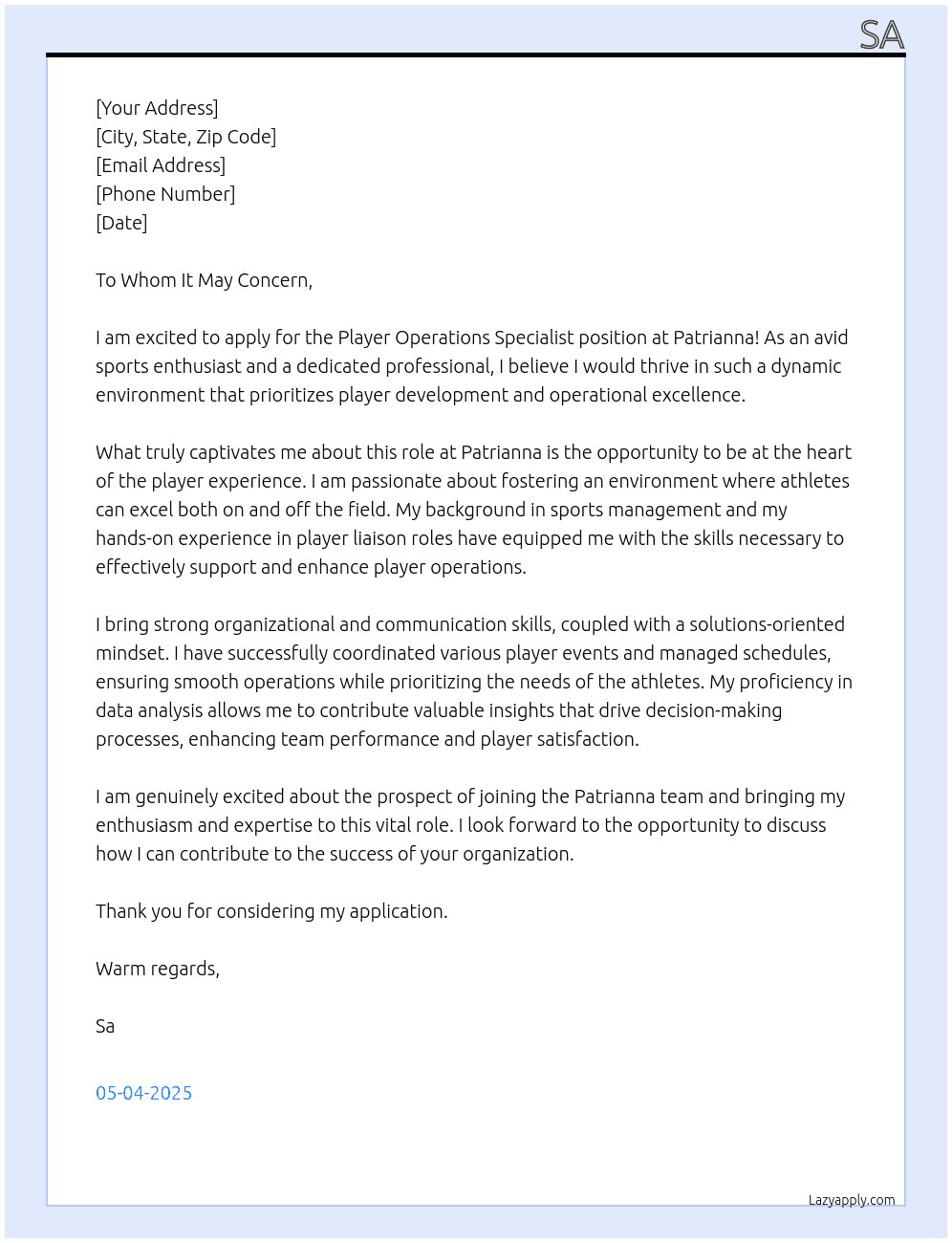 Cover letter for player operations specialist - LazyApply