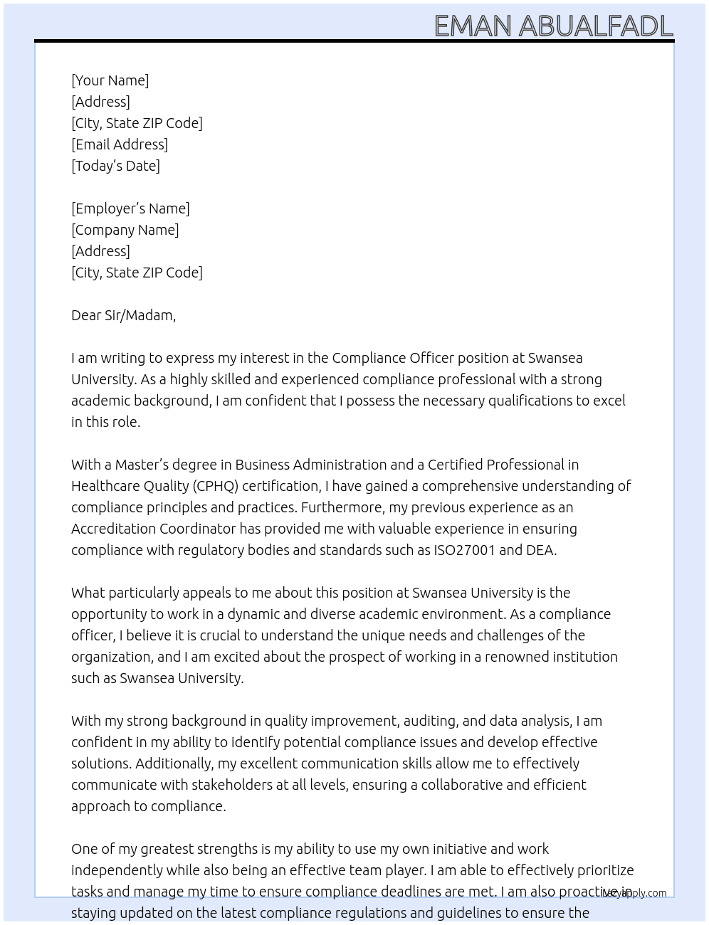 Compliance Officer At Swansea University Cover Letter