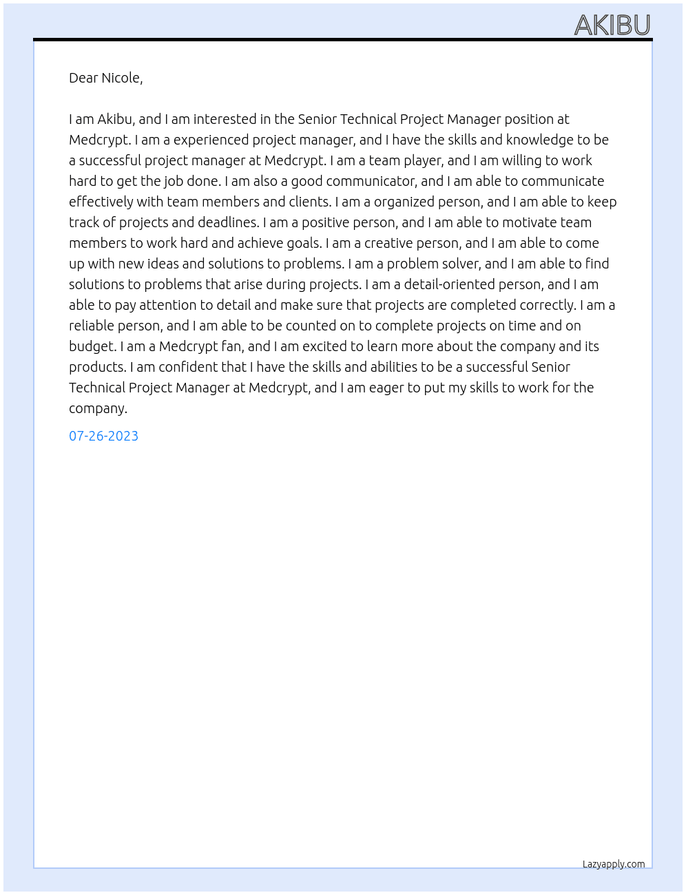 Senior Technical Project Manager At Medcrypt Cover Letter