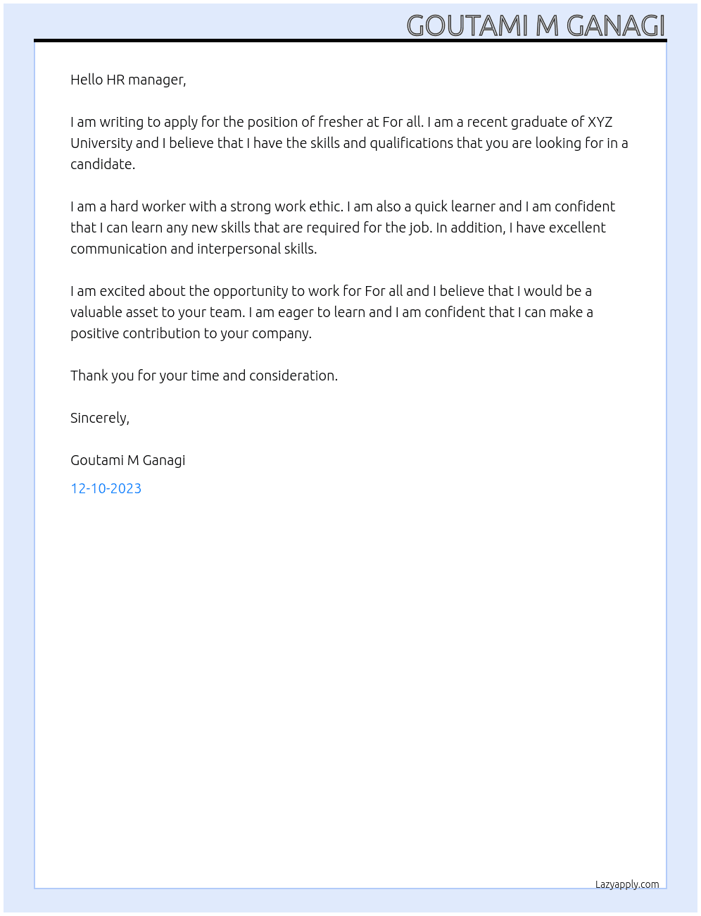 Fresher  At For all Cover Letter