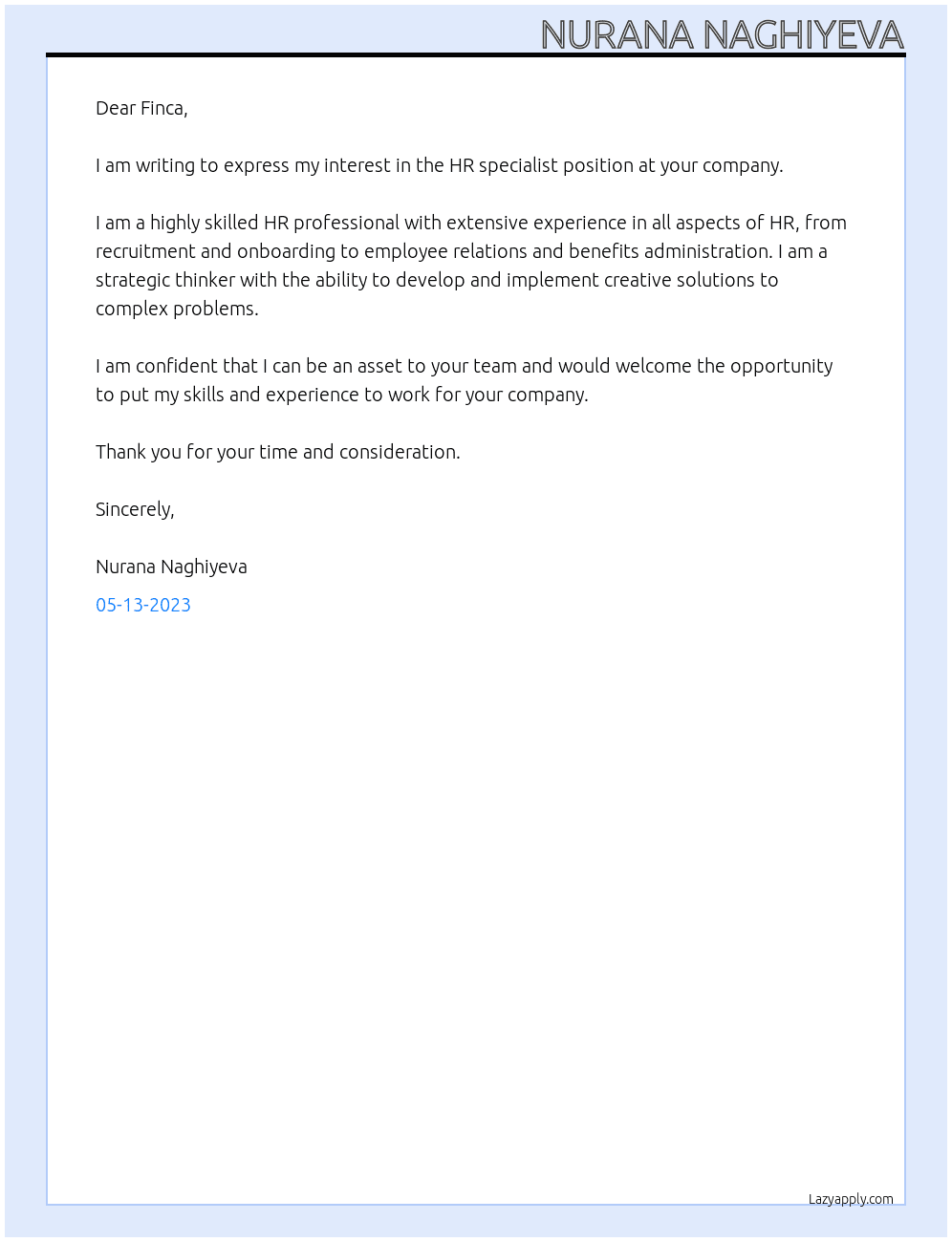 HR specialist At Finca Cover Letter