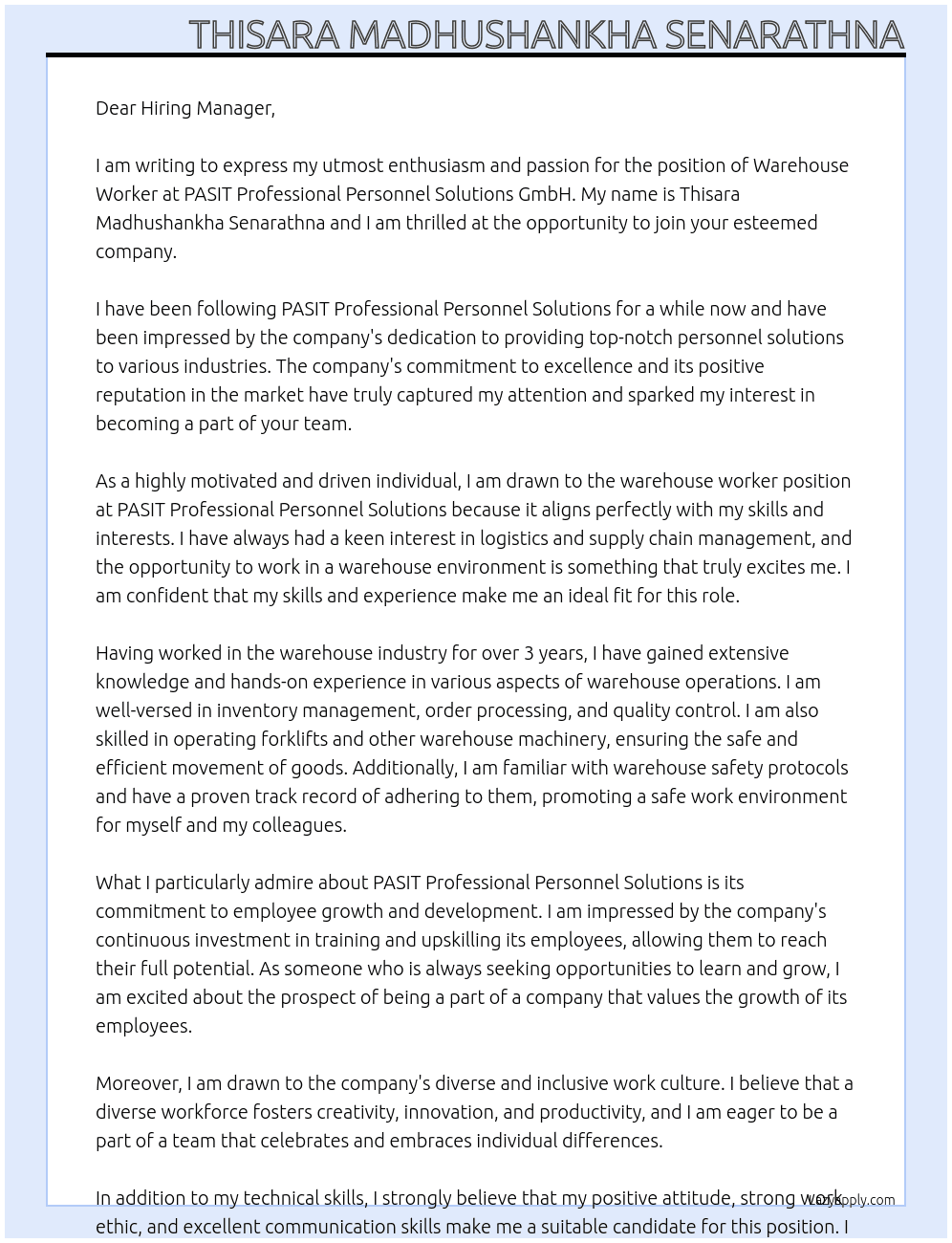 warehouse worker At PASIT Professional Personnel Solutions GmbH Cover Letter