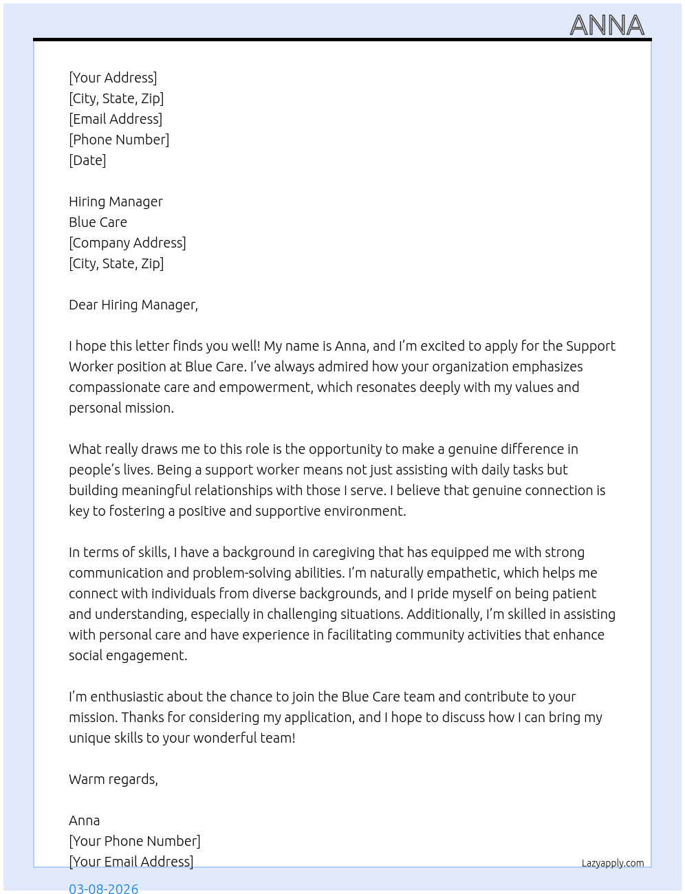 Cover letter for support worker - LazyApply