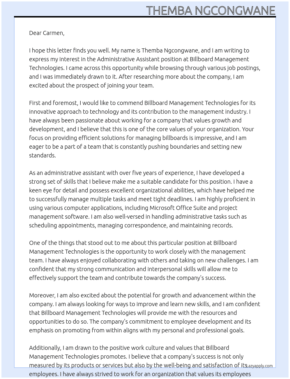 Administrative Assistant At Billboard Management Technologies Cover Letter