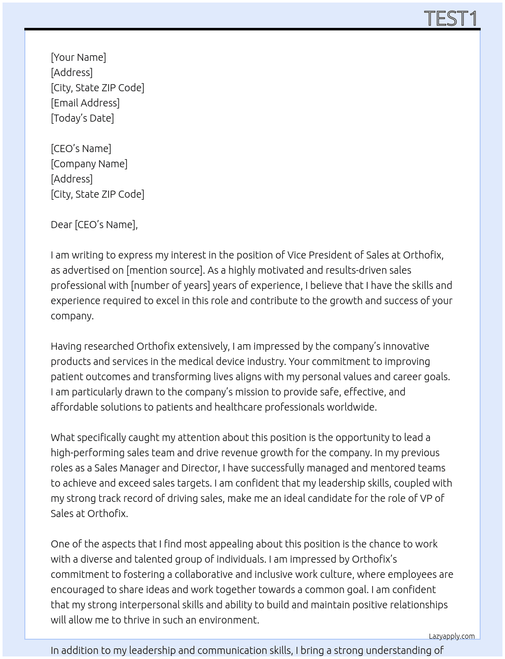 VP of Sales At Orthofix Cover Letter