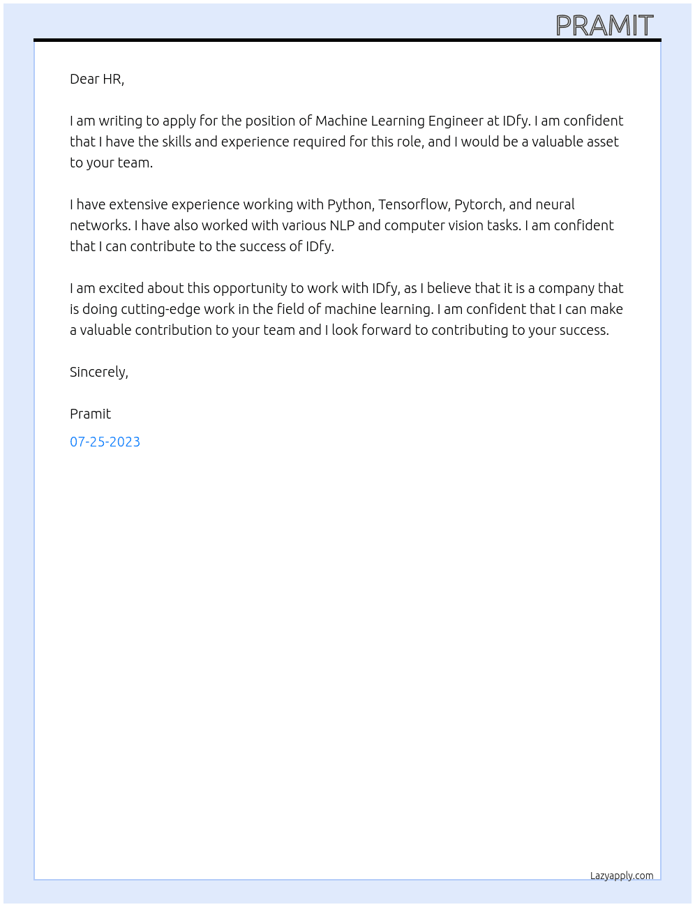 Machine Learning Engineer  At IDfy Cover Letter