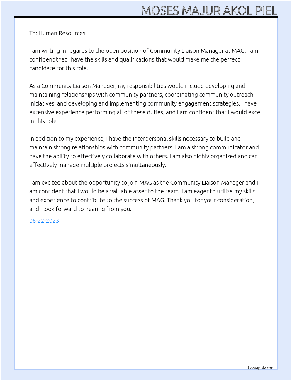 Community Liaison Manager  At MAG Cover Letter