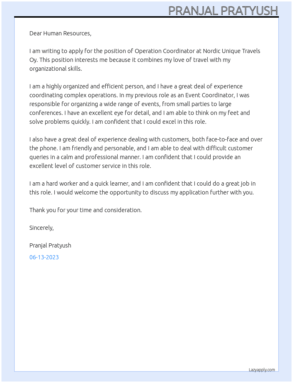 Operation Coordinator At Nordic Unique Travels Oy Cover Letter